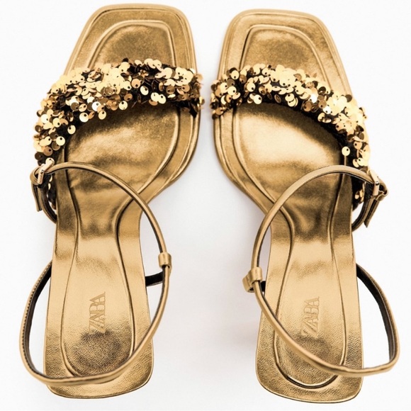 Zara Gold Sequin Women's High Heeled Metallic Sandals - Picture 2 of 6